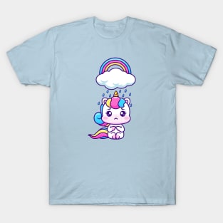 Cute Sad Unicorn Sitting Under Rain Cloud With Rainbow Cartoon T-Shirt